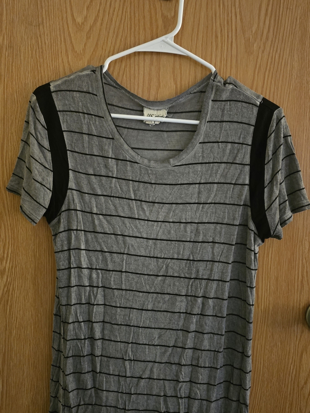 Women's Gray Striped Short Sleeve Tee with Black Shoulder Panels